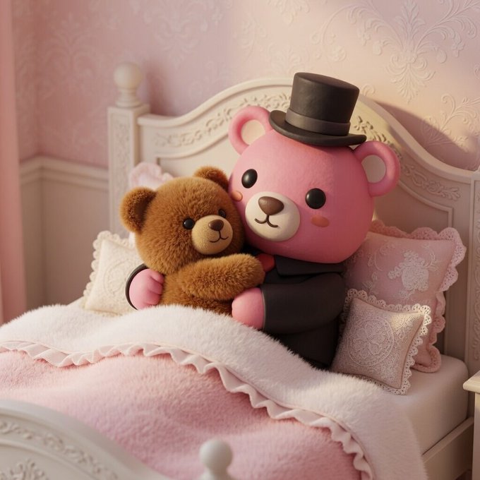 A pink bear figurine wearing a black top hat and suit holds a smaller brown teddy bear while sitting on an ornate white bed with a pink blanket.