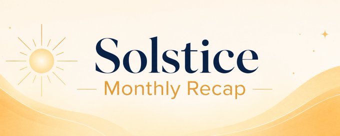 The image features a white logo for "Solstice Monthly Recap" with the word "Sunrise" above the title. There are also images of sunrises and stars behind the words, creating an aesthetically pleasing visual representation of the solar calendar concept. The surrounding text in the image provides context to the content being discussed: it is a post about Solstice, specifically discussing the month of May, which is where "Sunrise" appears. This post seems to be aimed at offering some insights or information related to the solar calendar and how it can be applied to your life.