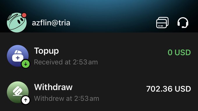 The image shows a transaction history for the account "azflin@tria" displaying a topup of 0 USD and a withdraw of 702.36 USD, both timestamped at 2:53am. This relates to the post by illustrating a suspicious transaction pattern where a $0 topup followed by a large $702.36 withdrawal suggests a potential "rug pull" scenario in a crypto neobank.