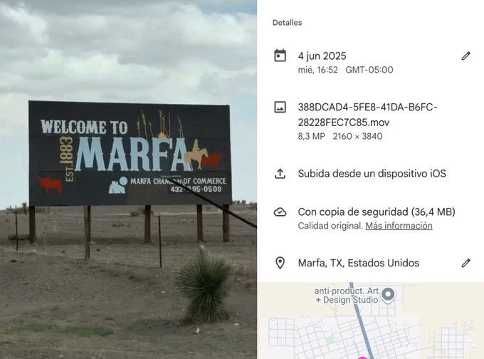 The image shows a sign for "Welcome To Marfa" with a map of the area displayed below it. There are also details about the movement tied to blockchain time, which indicates that the movement is based on a fixed epoch chosen as the origin point from which all movement is measured. The latest ETH block timestamp, the moment I arrived in Marfa, is displayed at the bottom right corner of the image.