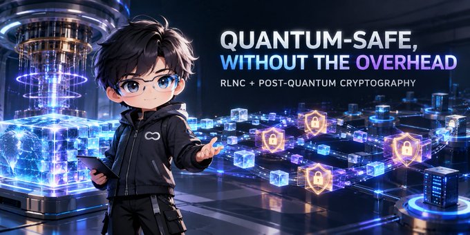 An advertisement featuring an anime-style character holding a tablet, with the headline 'QUANTUM-SAFE, WITHOUT THE OVERHEAD' and subtext 'RLNC + POST-QUANTUM CRYPTOGRAPHY'.
