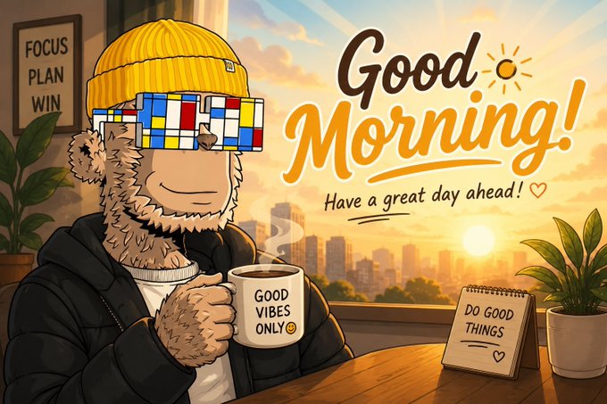 A cheerful cartoon illustration of a furry character wearing a yellow beanie and Mondrian-style pixelated sunglasses, holding a mug labeled 'GOOD VIBES ONLY' in a sunlit cafe with a 'Good Morning! Have a great day ahead!' greeting.