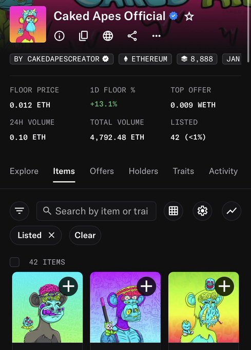 The OpenSea page for the Caked Apes Official NFT collection showing a floor price of 0.012 ETH and listed items featuring colorful cartoon ape characters.
