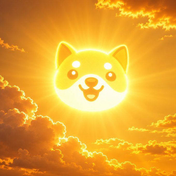 A glowing, cartoon-style Shiba Inu dog face with a smiling expression set against a bright, golden sunset sky with sun rays and fluffy clouds.