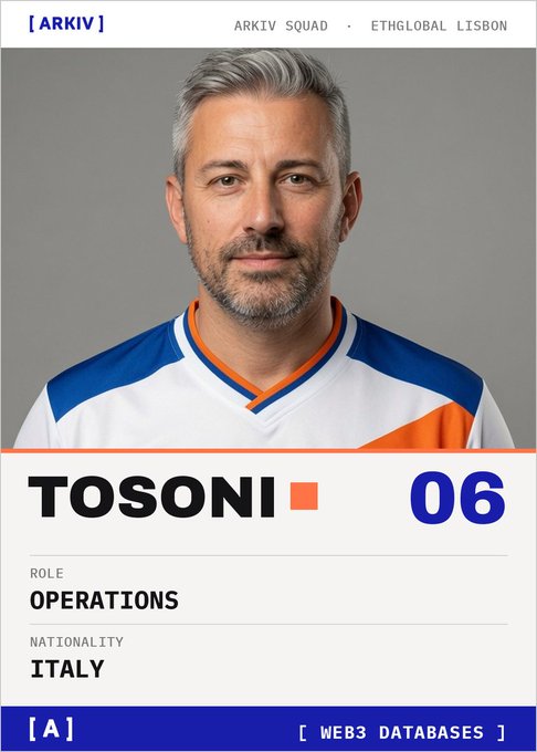 A squad card-style profile image showing a man in a white, blue, and orange jersey, labeled "TOSONI," number "06," with roles in "OPERATIONS" and nationality listed as "ITALY," representing the ARKIV SQUAD at ETHGlobal Lisbon. The card visually introduces @t0Marco as the team's Operations midfielder, aligning with the post's announcement of him running Ops and supporting $GLM orgs at the Ethereum-aligned event.