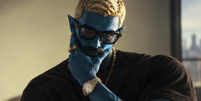 A 3D-rendered blue-skinned elf-like character with blonde hair, glasses, a mustache, and gold jewelry holds his hand to his face in a thoughtful pose.