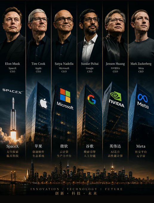 The image is a vertically split graphic featuring six tech CEOs—Elon Musk (SpaceX), Tim Cook (Apple), Satya Nadella (Microsoft), Sundar Pichai (Google), Jensen Huang (NVIDIA), and Mark Zuckerberg (Meta)—each shown above their company logo and Chinese descriptors, all set against a nighttime city skyline with the tagline "INNOVATION · TECHNOLOGY · FUTURE" (创新·科技·未来). It visually represents the post's message about the combined ~$21 trillion market value of these "Magnificent Six" tech giants and their dominance over the crypto sector.
