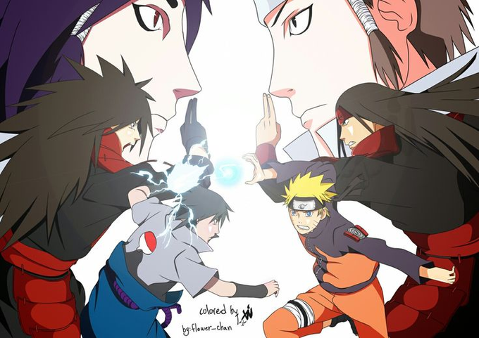 An anime illustration depicts characters from the Naruto series, including Sasuke and Naruto, facing off in a dynamic pose with energy crackling between their hands.