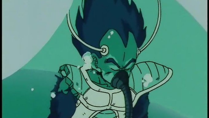 A green-skinned anime character with spiky hair and a scouter appears to be in distress underwater, evoking the rapid evolution and intensity of the crypto market over the years as referenced in the post comparing 8 years in crypto to 90 years of real-world change.