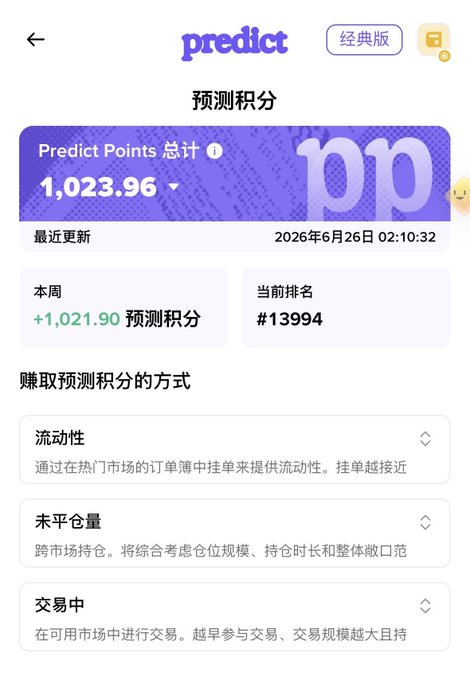 A screenshot of the Predict.fun app showing a "Predict Points" total of 1,023.96 with a weekly gain of +1,021.90 and a current ranking of #13994, likely displaying the 1000-point reward the user received from the Binance Wallet event.