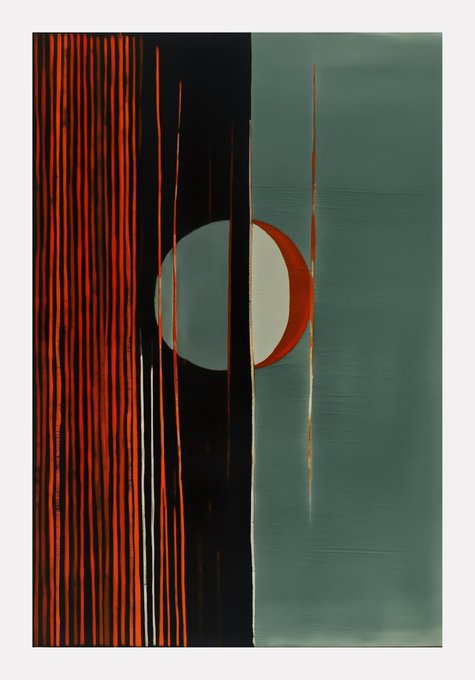 An abstract painting with vertical red drips on a black background on the left side, a greenish-gray section on the right, and a red crescent moon shape in the middle.