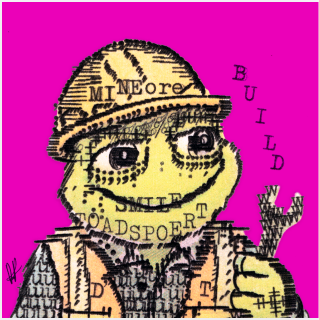 A pop-art style image combining currency designs and text spelling 'MINEOre BUILD SMILT TOADSPOERT' on a bright magenta background.
