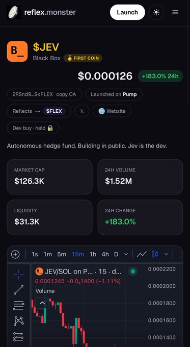 A mobile screenshot from reflex.monster showing token information for '$JEV Black Box' with price $0.000126 (+183.0% 24h), market cap $126.3K, and a TradingView chart.