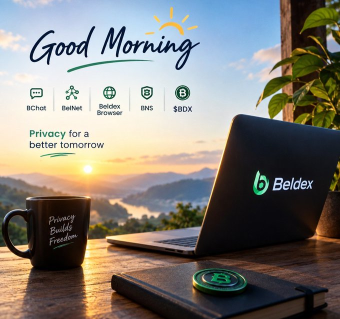 A 'Good Morning' promotional image for Beldex featuring icons for BChat, BelNet, Beldex Browser, BNS, and $BDX, with the tagline 'Privacy for a better tomorrow' alongside a laptop, coffee mug reading 'Privacy Builds Freedom', and a Beldex coin at sunrise.