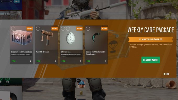 A video game screen displays a 'WEEKLY CARE PACKAGE' reward menu with free items including a 'Dreame 8 Nightmares Case', 'MAC-10 (Bronzer)', 'Chicken Egg', and 'Sealed Graffiti (Karambit (Frog Brawl))'.