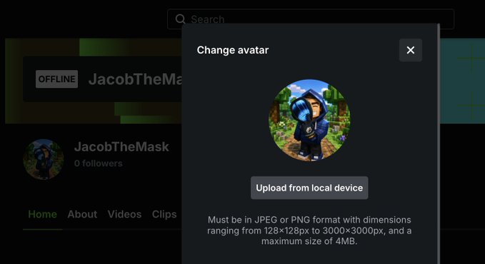 A profile settings menu shows a "Change avatar" dialog for the user "JacobTheMask" with options to upload a new image. The current avatar depicts a hooded figure, and the text specifies images must be in JPEG or PNG format with dimensions from 128x128px to 3000x3000px and a max size of 4MB.