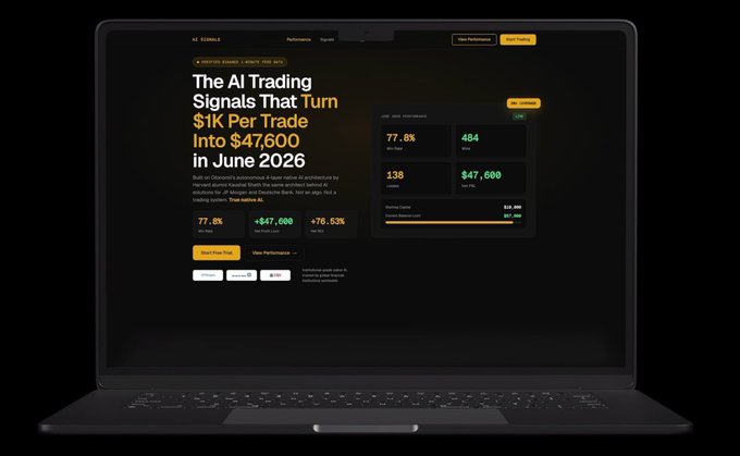 A laptop displays a website titled 'The AI Trading Signals That Turn $1K Per Trade Into $47,600 in June 2026' with performance metrics.