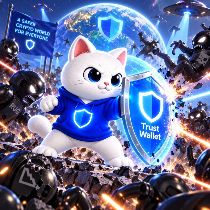 A digital artwork shows an anthropomorphic white cat wearing a blue hoodie, wielding a shield labeled 'Trust Wallet' against an army of black robots labeled 'RUG' and 'FUD', with a banner reading 'A SAFER CRYPTO WORLD FOR EVERYONE' and Earth in the background.