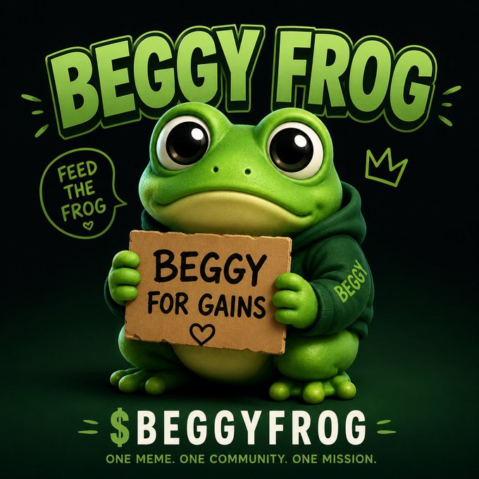 A meme coin promotional image featuring a cartoon green frog in a hoodie holding a sign that reads 'BEGGY FOR GAINS', with 'BEGGYFROG' branding and tagline 'ONE MEME. ONE COMMUNITY. ONE MISSION.'