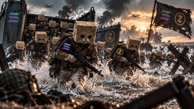 An army of soldiers with paper bag heads marked with the "Z" logo of ZCAT ($ZCAT) storm a beach under fire, visually embodying the meme's theme of traders ditching weak "paper hands" for the rugged resilience of $ZCAT holders.