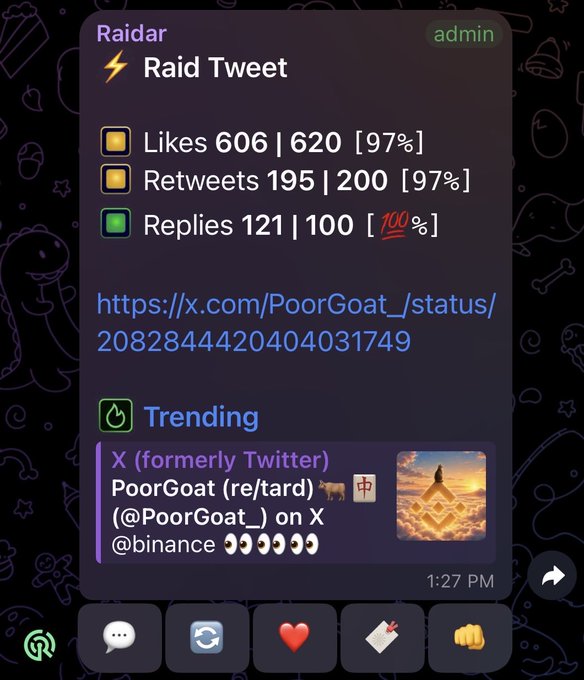 A Telegram screenshot of a "Raid Tweet" by PoorGoat (@PoorGoat_) on X shows a Binance-branded post achieving 606 likes, 195 retweets, and 121 replies (highlighted in red as exceeding targets), with metrics marked as "Trending." The raid's success demonstrates strong community engagement around $CATE, supporting the post's message not to fade the token and its holders.