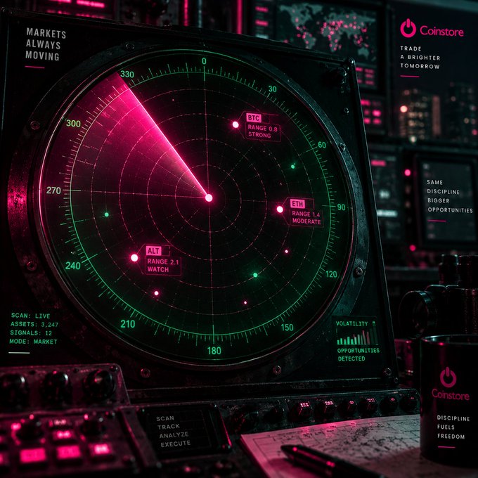 A Coinstore promotional image displaying a stylized radar screen tracking cryptocurrency assets (BTC, ETH, ALT) with the tagline 'Trade a brighter tomorrow' and 'Markets always moving'.