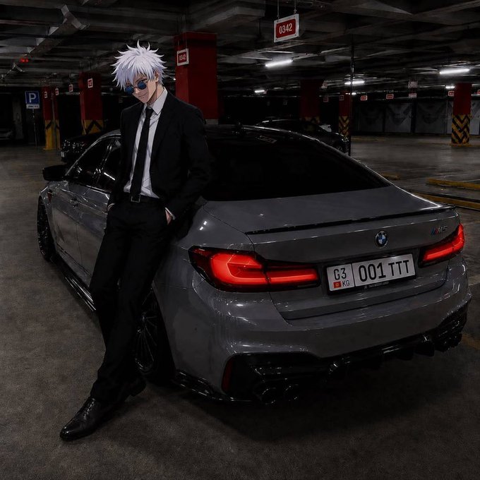 An anime-style character with white hair, sunglasses, and a black suit leans against a grey BMW M car in an underground parking garage; the license plate reads 'G3 001 TTT'.