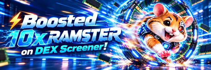 A promotional banner reading "Boosted 10X RAMSTER on DEX Screener!" featuring an animated hamster wearing a jetpack emerging from a portal.