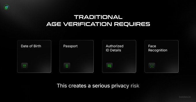 A black slide titled 'TRADITIONAL AGE VERIFICATION REQUIRES' lists four cards: 'Date of Birth,' 'Passport,' 'Authorized ID Details,' and 'Face Recognition,' followed by the text 'This creates a serious privacy risk' and a 'beldex.io' watermark.