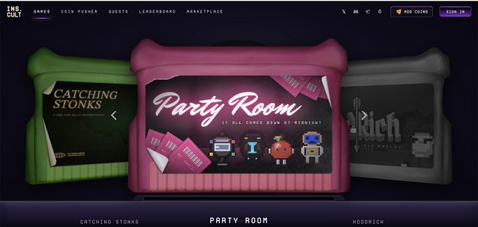 A screenshot of the 'The Cult' gaming website, highlighting the 'Party Room' game in a pink pixel-art frame between 'Catching Stonks' and 'Hoodrich'.