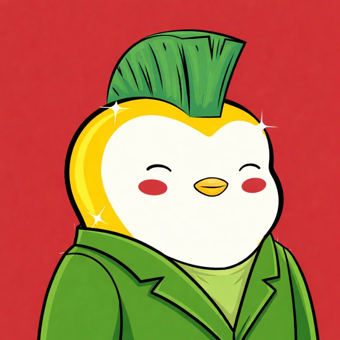 Cute cartoon bird character with a green mohawk and green jacket smiling on a red background, appearing to be a mascot illustration.