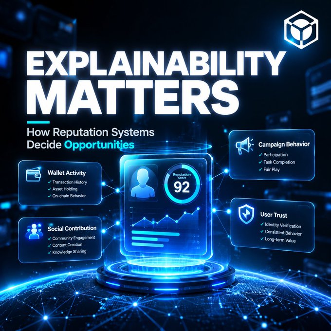 Futuristic blue infographic titled 'EXPLAINABILITY MATTERS: How Reputation Systems Decide Opportunities', highlighting a Reputation Score of 92 alongside categories like Wallet Activity, Social Contribution, Campaign Behavior, and User Trust.