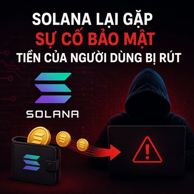 A Vietnamese graphic about Solana featuring a hooded hacker figure with a laptop showing a warning symbol, alongside the Solana logo and text 'SOLANA LẠI GẶP SỰ CỐ BẢO MẬT, TIỀN CỦA NGƯỜI DÙNG BỊ RÚT' (Solana encounters security issues, users' money withdrawn).