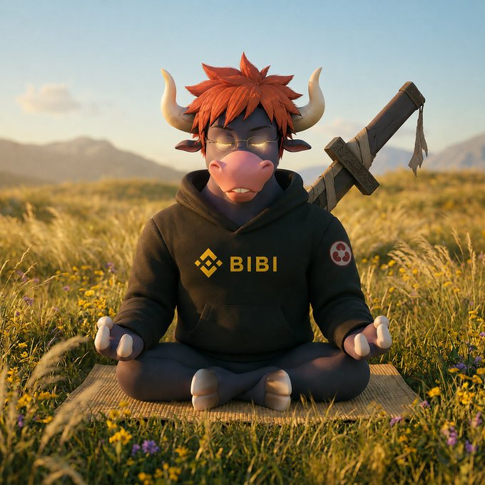 A 3D-rendered character of a minotaur-like figure with orange hair and horns, wearing glasses and a black Binance Coin (BIBI) hoodie, meditating cross-legged on a mat in a grassy field with mountains in the background, with a large sword strapped to its back.