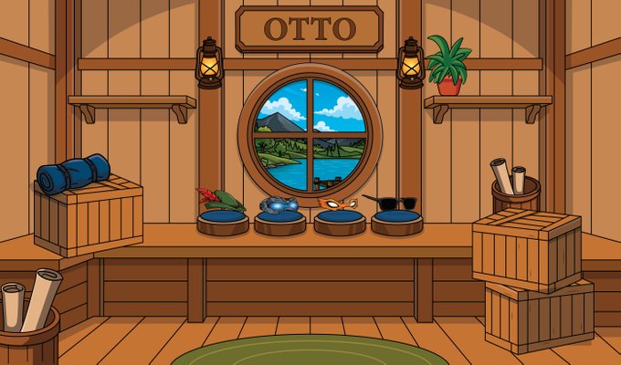 A wooden workshop interior with crates, barrels, and a potted plant features a sign reading "OTTO" above a round window, with four hats displayed on a bench in the foreground—fitting the "secret River HQ" teaser for the OTTO collection reveal.