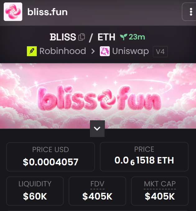 The image shows a DexScreener listing for the BLISS/ETH token on Uniswap V4 (via Robinhood), displaying a price of $0.0004057, 23-minute age, $60K liquidity, and a $405K FDV/market cap. This aligns with the post's promotion of $BLISS as a newly launched meme coin investment opportunity.