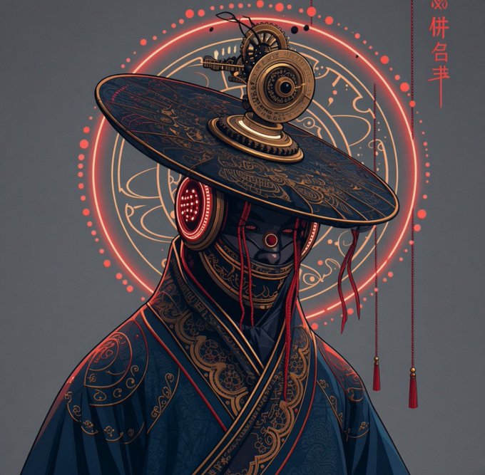 A stylized illustration of a futuristic warrior figure wearing an ornate wide-brimmed hat and dark robes with gold detailing, set against a red circular mandala with Japanese/Chinese characters.