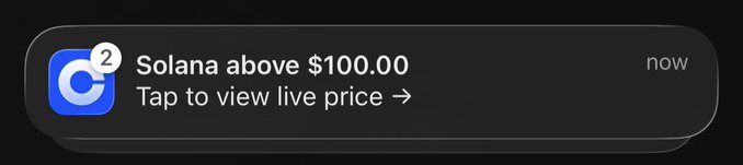 A mobile notification alerts "Solana above $100.00" with a prompt to "Tap to view live price," paired with a post joking about staying up late to watch crypto's upward moves. The image directly supports the post's theme of crypto traders glued to price alerts.