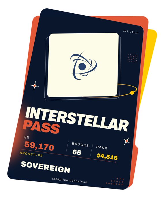 An "INTERSTELLAR PASS" digital NFT card displaying 59,170 QE, 65 badges, rank #4,516, and the archetype "SOVEREIGN," from inception.dachain.io.