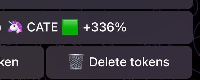 A screenshot shows a cryptocurrency portfolio listing "CATE" token with a massive +336% gain displayed on a green bar, alongside a "Delete tokens" trash bin icon, visually reinforcing the post's message "Winners win."