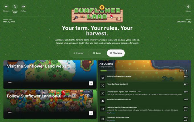 Screenshot of the Sunflower Land quests page with 'Your farm. Your rules. Your harvest.' tagline and a list of quests like visiting the website and following on X.