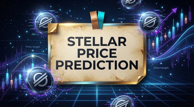 A futuristic graphic featuring a parchment-style banner reading "STELLAR PRICE PREDICTION" surrounded by Stellar (XLM) coin logos and colorful candlestick charts with price targets, visually reinforcing the post's focus on XLM's potential price climb amid DTCC's tokenization rollout.