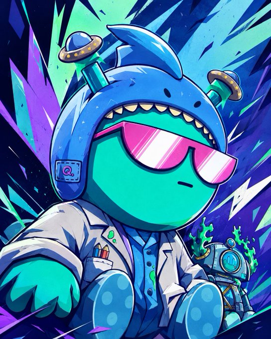 A vibrant, cartoonish digital illustration portrays a green creature wearing a shark-themed blue hood, pink sunglasses, and a white lab coat, sitting against a dynamic blue and purple background.