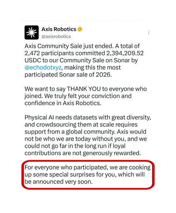 A tweet from Axis Robotics (@axisrobotics) thanking participants of their Sonar Community Sale, with the final sentence circled in red: "For everyone who participated, we are cooking up some special surprises for you, which will be announced very soon."