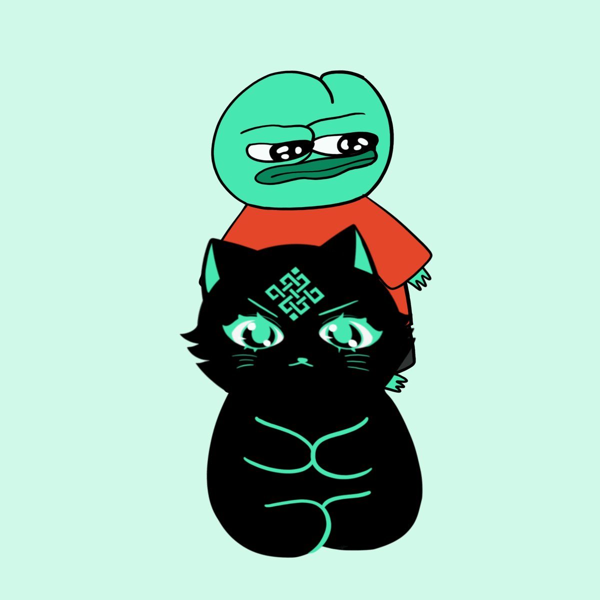The image features two cartoon characters - a cat and a frog (or frog monster) with green faces. The cat has its eyes closed while sitting on top of the frog, which appears to be frowning or angry. The background color is blue, providing a contrast to the colorful characters. The caption below the image reads "New good morning. New gRitual. New week. New month. New sticker today We are officially stepping into a new month and the momentum is only growing."