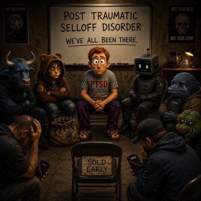 A support group scene titled "POST TRAUMATIC SELLOFF DISORDER - WE'VE ALL BEEN THERE" featuring various characters including a bull, Pepe the Frog, and a robot labeled "CHAT" sitting around a chair marked "SOLD EARLY."