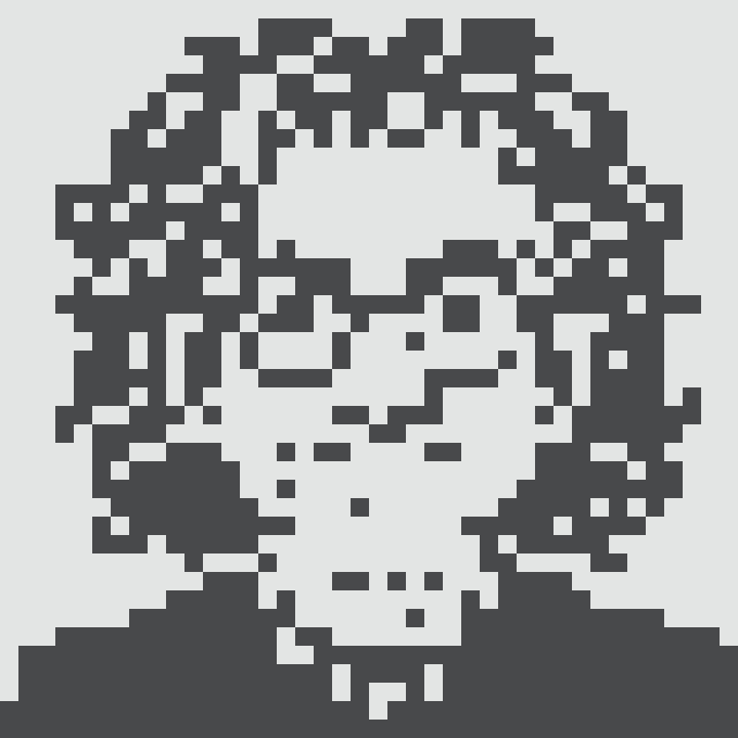 A pixelated black and white portrait of a person wearing glasses.