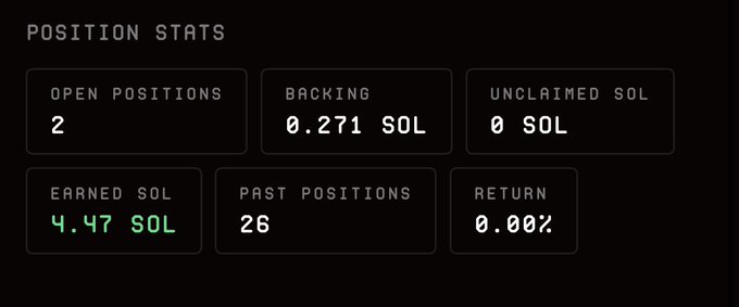 A 'Position Stats' dashboard showing 2 open positions, 0.271 SOL backing, 0 SOL unclaimed, 4.47 SOL earned, 26 past positions, and 0.00% return.