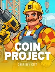A vibrant game cover featuring a mustachioed construction worker in a hard hat holding a jackhammer, with the title "COIN PROJECT: Creative City" displayed in bold yellow letters. The cartoon construction aesthetic ties into the slot game choice being compared to "Midas Multiplier" in the accompanying post.