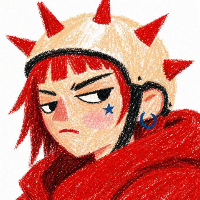 A colored pencil drawing of a red-haired anime-style character with a spiky helmet, blue star face tattoo, and hoop earring, looking unamused.